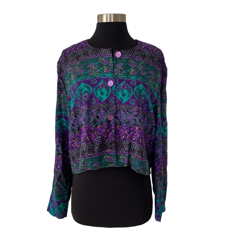 Vintage floral stripe button up jacket purple teal M
